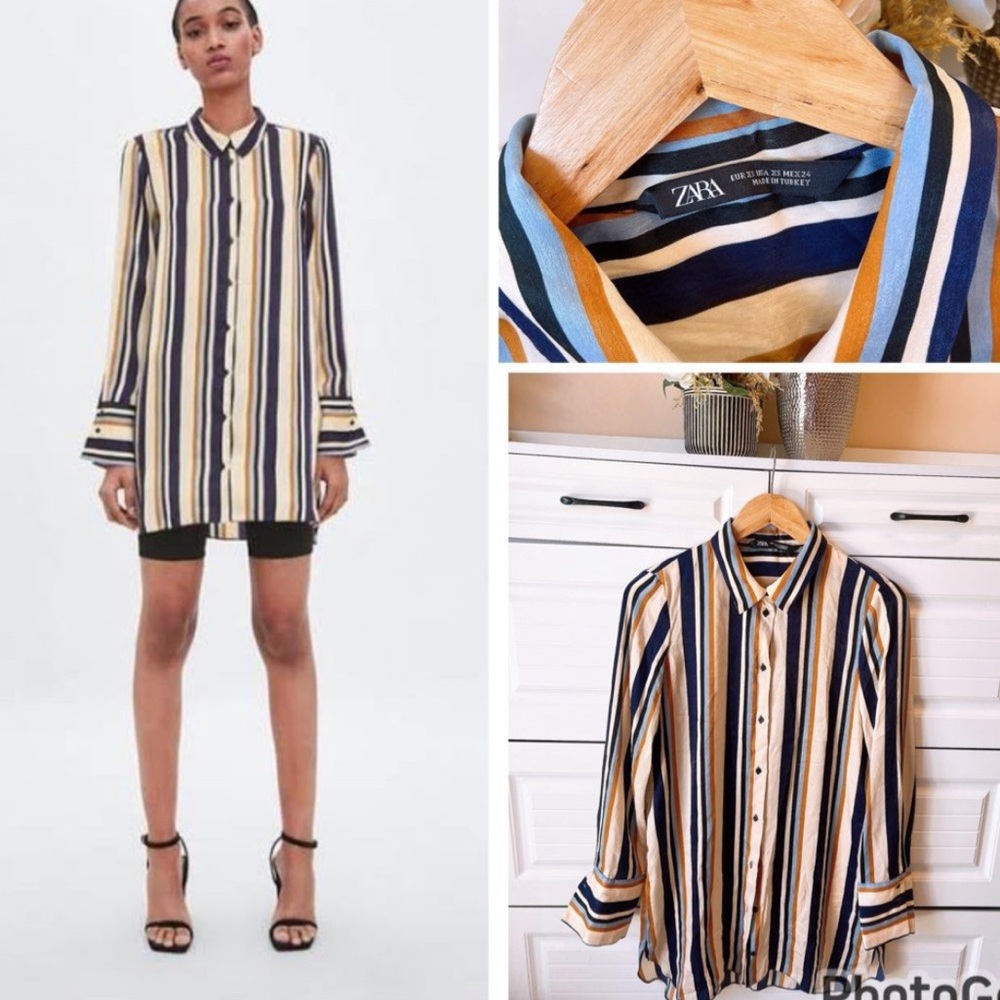 Zara Long Silky Striped Button Down Shirt